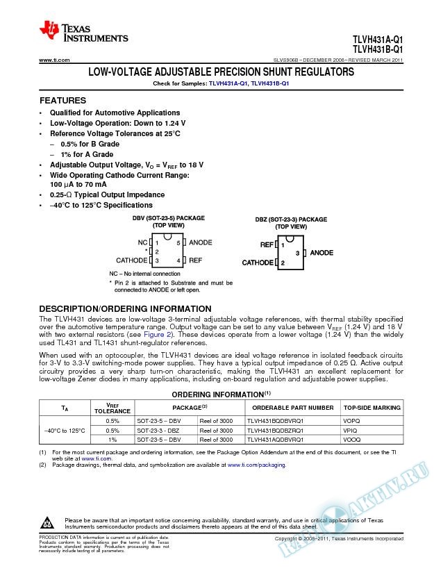 TLVH431A-Q1, TLVH431B-Q1 Low-Voltage Adjustable Precision Shunt Regulator . (Rev. B)