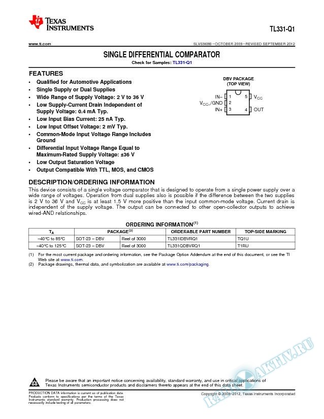 TL331-Q1 Single Differential Comparator (Rev. B)