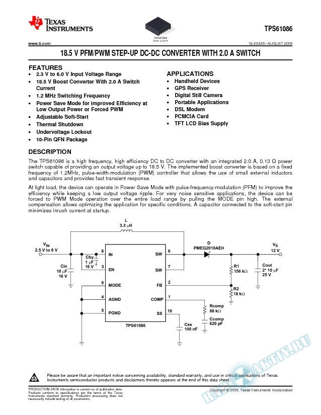 18.5 V PFM/PWM Step-Up DC-DC Converter With 2.0 A Switch