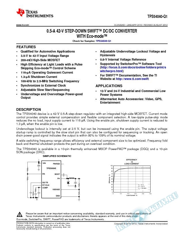 TPS54040-Q1 0.5-A 42-V Step-Down SWIFT™ DC/DC Converter With Eco-mode™ (Rev. D)