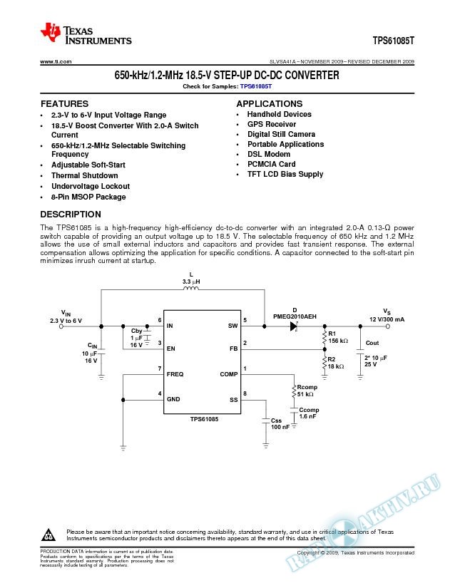 TPS61085T 650-kHz/1.2-MHz 18.5-V Step-Up DC-DC Converter (Rev. A)