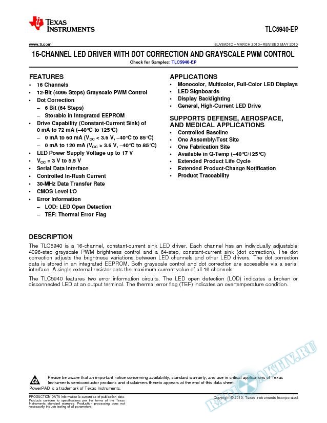 16 Channel LED Driver With DOT Correction and Grayscale PWM Control (Rev. D)