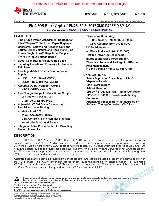 PMIC for E Ink Vizplex Enabled Electronic Paper Display (Rev. F)