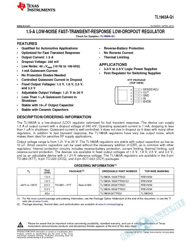 TL1963A-Q1 1.5-A Low-Noise Fast-Transient-Response Low-Dropout Regulator