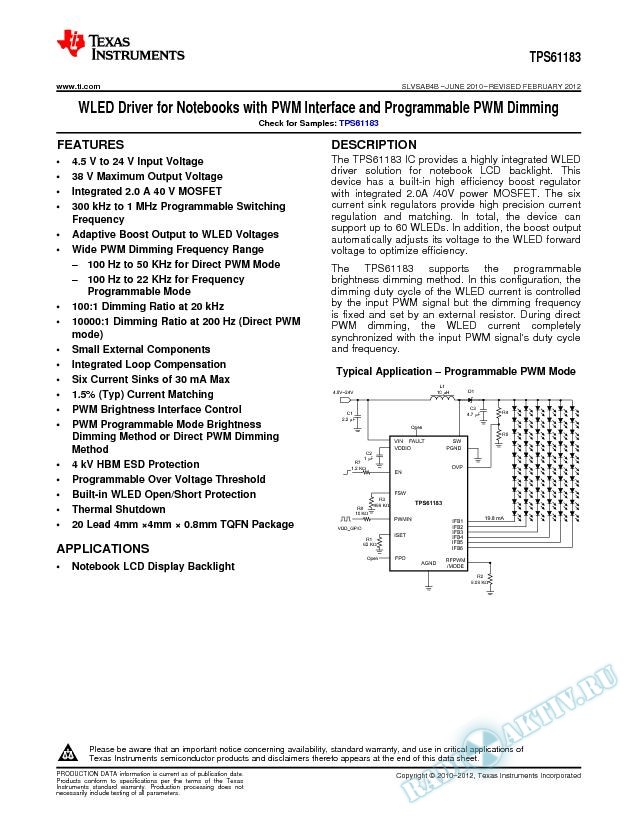 WLED Driver for Notebooks with PWM Interface and Programmable PWM Dimming.. (Rev. B)