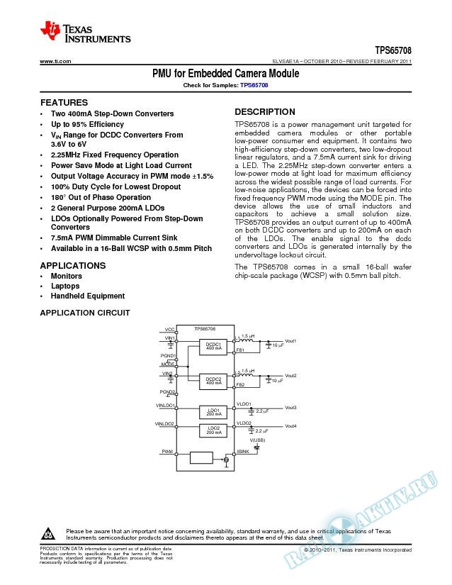 PMU for Embedded Camera Module - TPS65708 (Rev. A)
