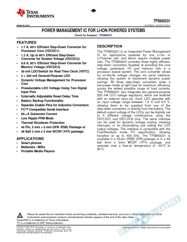 Power Management IC For Li-Ion Powered Systems -TPS650231