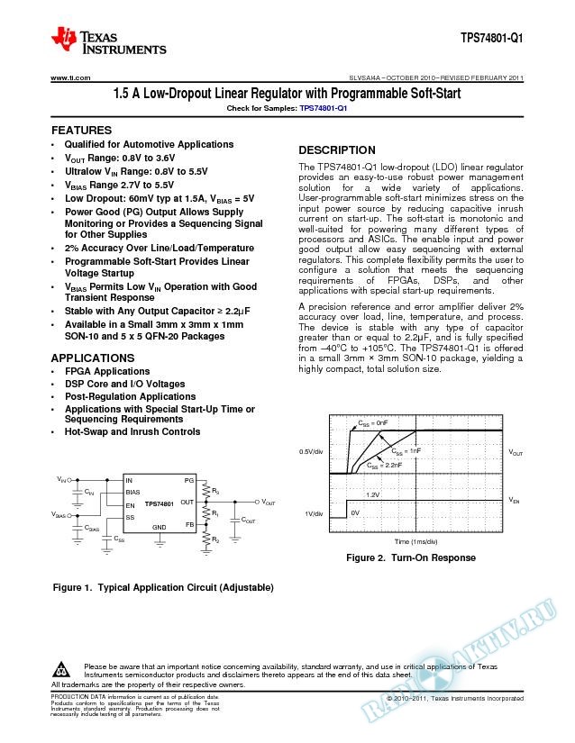 TPS74801-Q1, - 1.5A Low-Dropout Linear Regulator with Programmable Soft-Start (Rev. A)