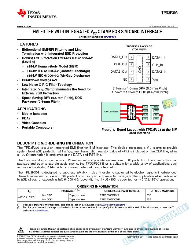 EMI Filter with Integrated VCC Clamp for SIM Card Interface