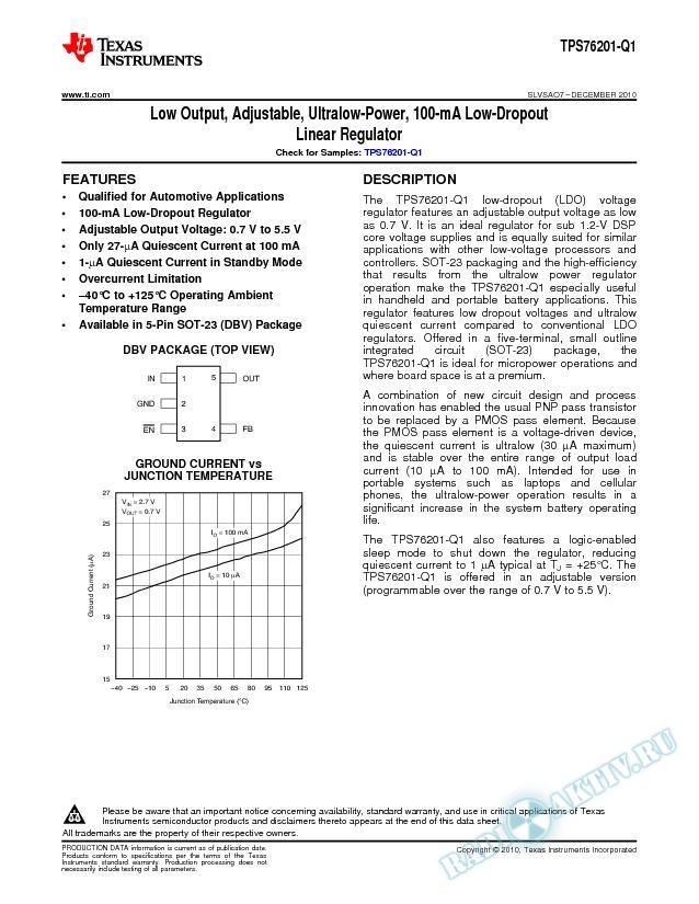 Low Output Adjustable, Ultralow-Power 100-mA LDO Linear Regulator