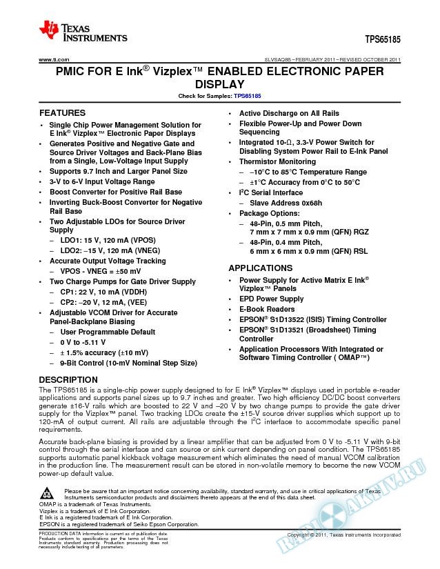 PMIC FOR E Ink® Vizplex™ ENABLED ELECTRONIC PAPER Display. (Rev. B)