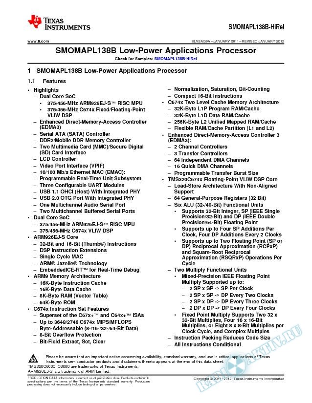 SMOMAPL138B Low-Power Applications Processor. (Rev. A)