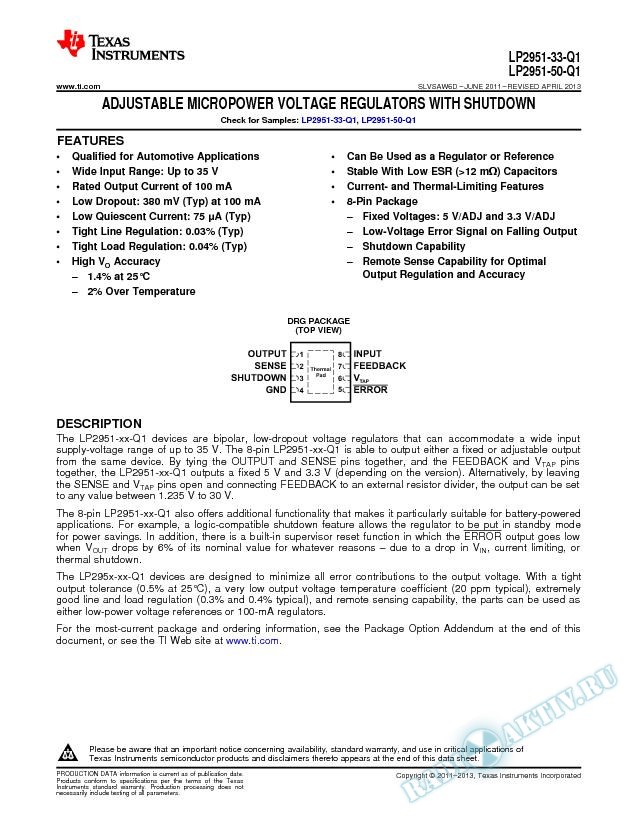Adjustable Micropower Voltage Regulators With Shutdown, LP2950/51-Q1 (Rev. D)