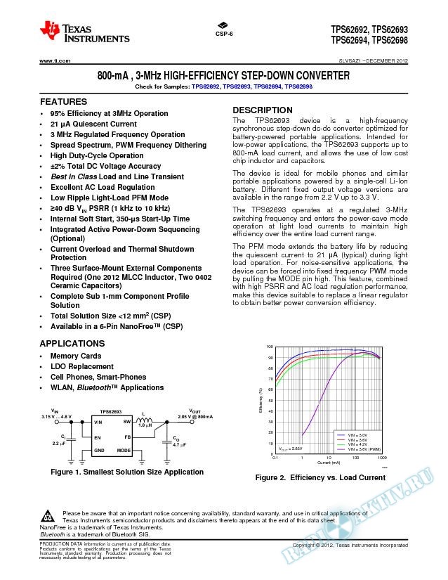 800-mA, 3-MHz High-Efficiency Step-Down Converter, TPS6269x