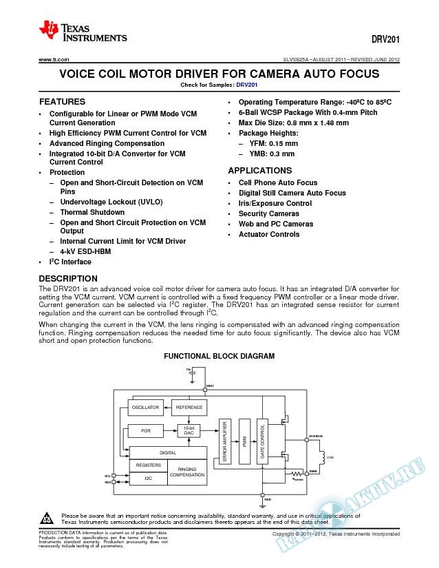 Voice Coil Motor Driver for Camera Auto Focus (Rev. A)
