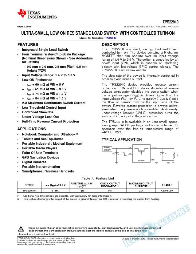 Ultra-Small, Low On Resistance Load Switch With Controlled Turn-On, TPS22910 (Rev. C)