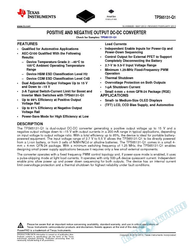 Positive and Negative Output DC-DC Converter, TPS65131-Q1 (Rev. B)