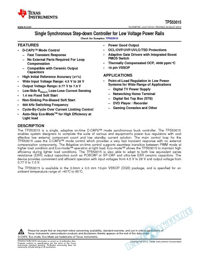 Single Synchronous Step-Down Controller for Low Voltage Power Rails, TPS53015 (Rev. B)