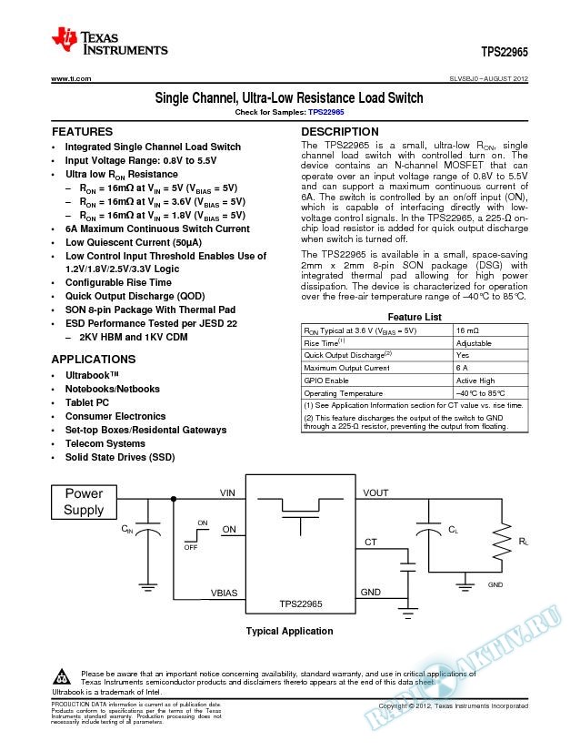 Single Channel, Ultra-Low Resistance Load Switch, TPS22965