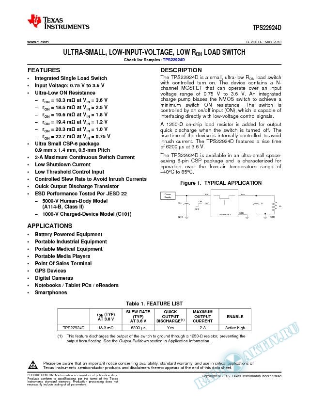 ULTRA-SMALL, LOW-INPUT-VOLTAGE, LOW rON LOAD SWITCH, TPS22924D