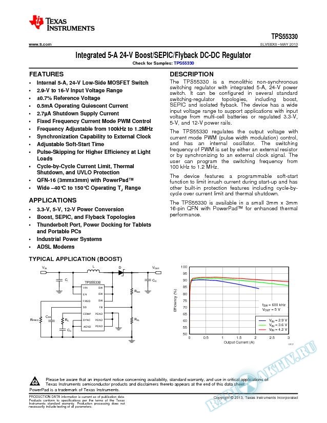 Integrated 5-A 24-V Boost/SEPIC/Flyback DC-DC Regulator