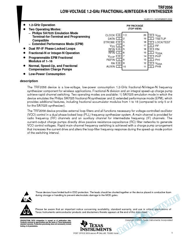 TRF2056 Low-Voltage 1.2-GHz Fractional-N/Integer-N Synthesizer Data Sheet