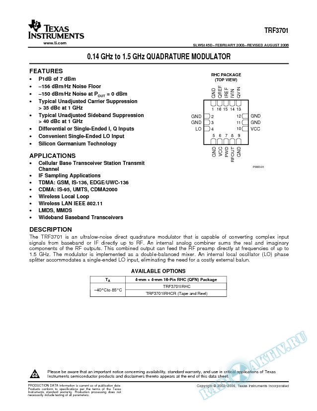 0.14 GHz to 1.5 GHz Quadrature Modulator (Rev. D)