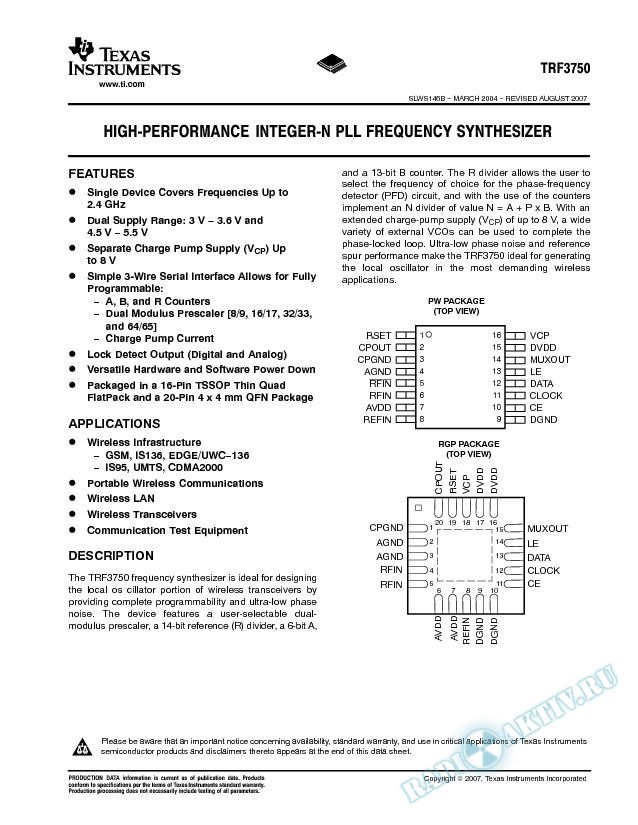 TRF3750:  High Performance Integer-N PLL Frequency Synthesizer (Rev. B)