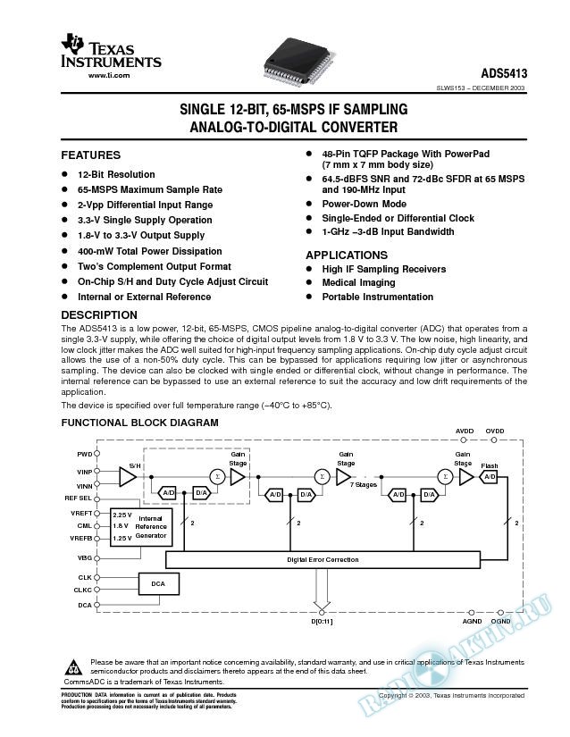 ADS5413: 12-bit, 65 MSPS CommsADC Analog-to-Digital Converter