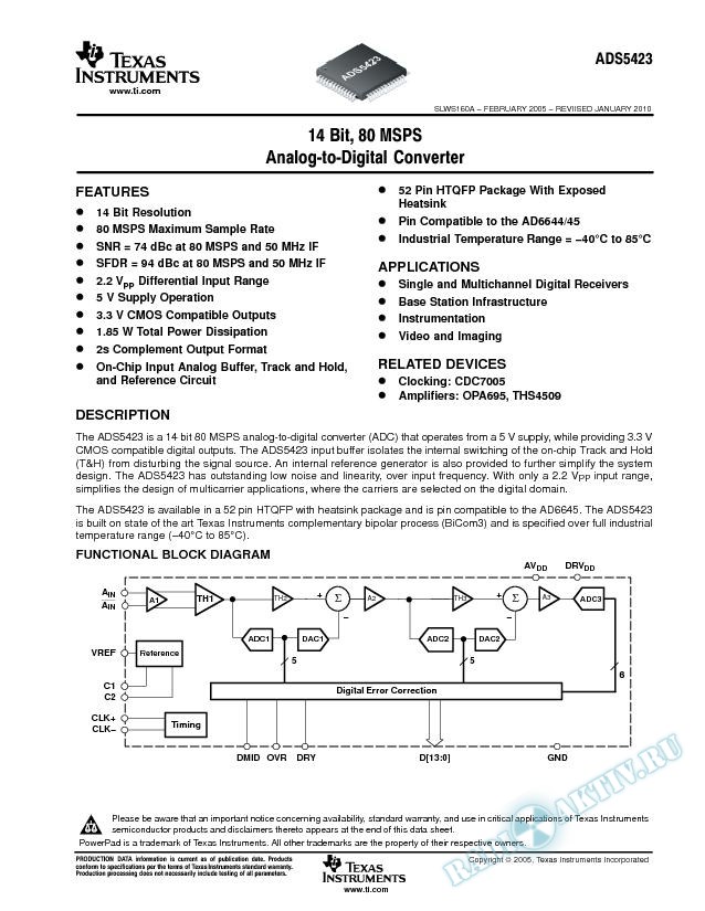 ADS5423: 14-Bit 80 MSPS ADC (Rev. A)