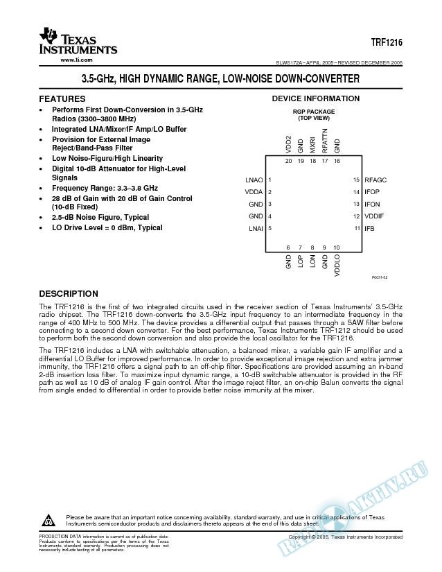 3.5-GHz High Dynamic Range Low Noise Down-Converter (Rev. A)