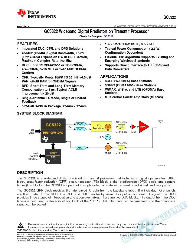 GC5322 Wideband Digital Predistortion Transmit Processor. (Rev. D)