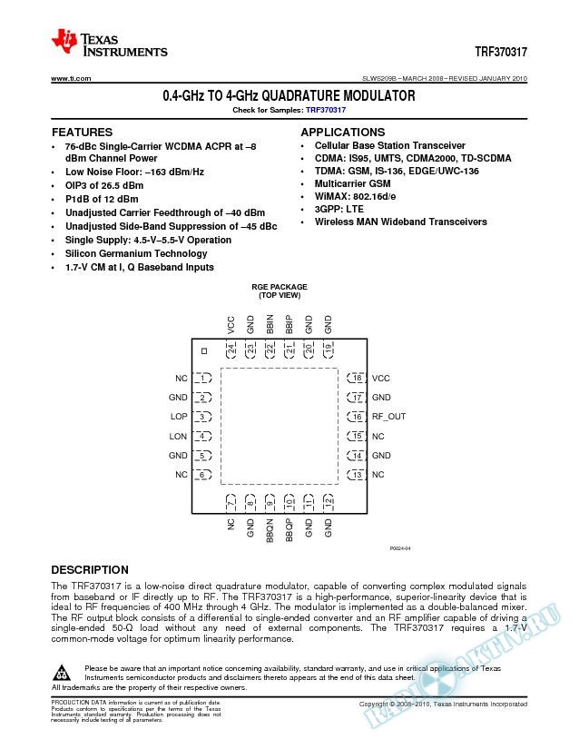 0.4 GHz to 4-GHz Quadrature Modulator (Rev. B)