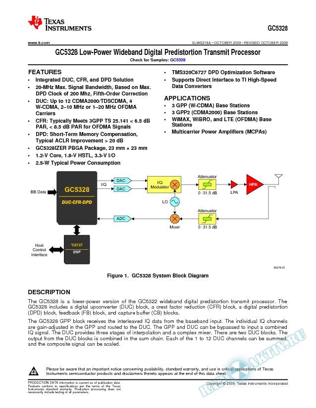 GC5328 Low-Power Wideband Digital Predistortion Transmit Processor (Rev. A)