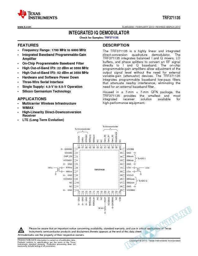 TRF371135 Integrated IQ Demodulator (Rev. A)