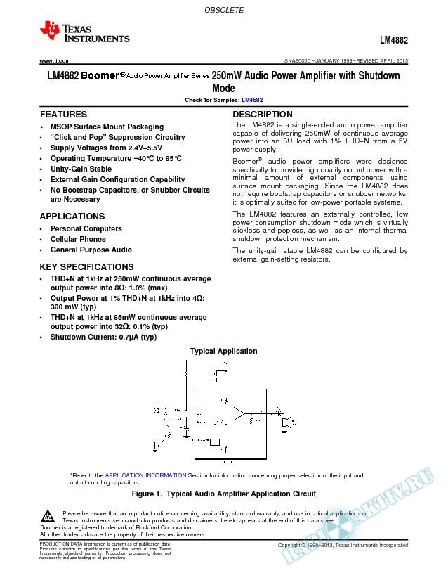 LM4882 250mW Audio Power Amplifier with Shutdown Mode (Rev. D)