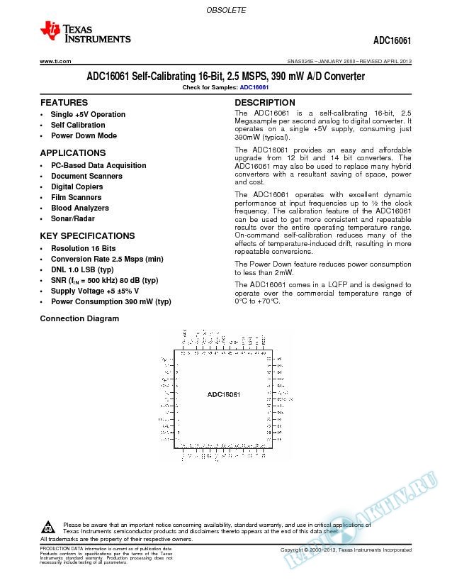 ADC16061 Self-Calibrating 16-Bit, 2.5 MSPS, 390 mW A/D Converter (Rev. E)