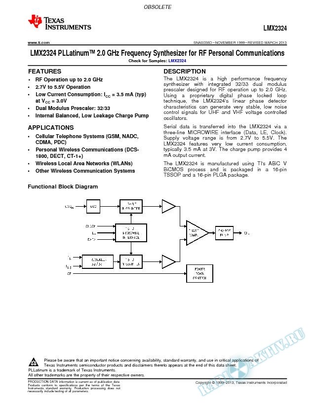 LMX2324  PLLatinum  2.0GHz Freq Synth for RF Personal Comm (Rev. D)