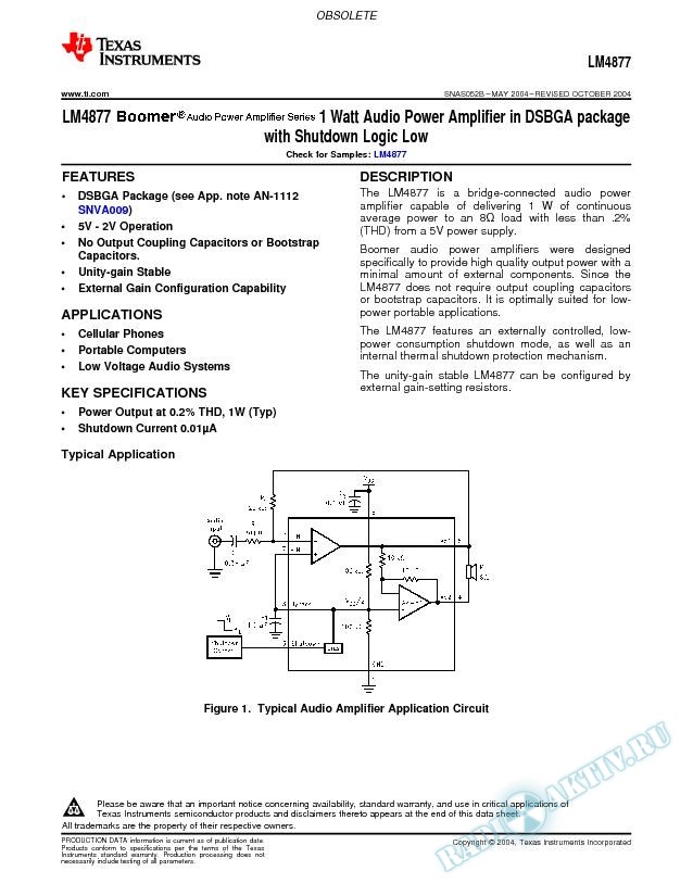 LM4877- 1 Watt Audio Pwr Amp in micro SMD package w/Shutdown Logic Low (Rev. B)