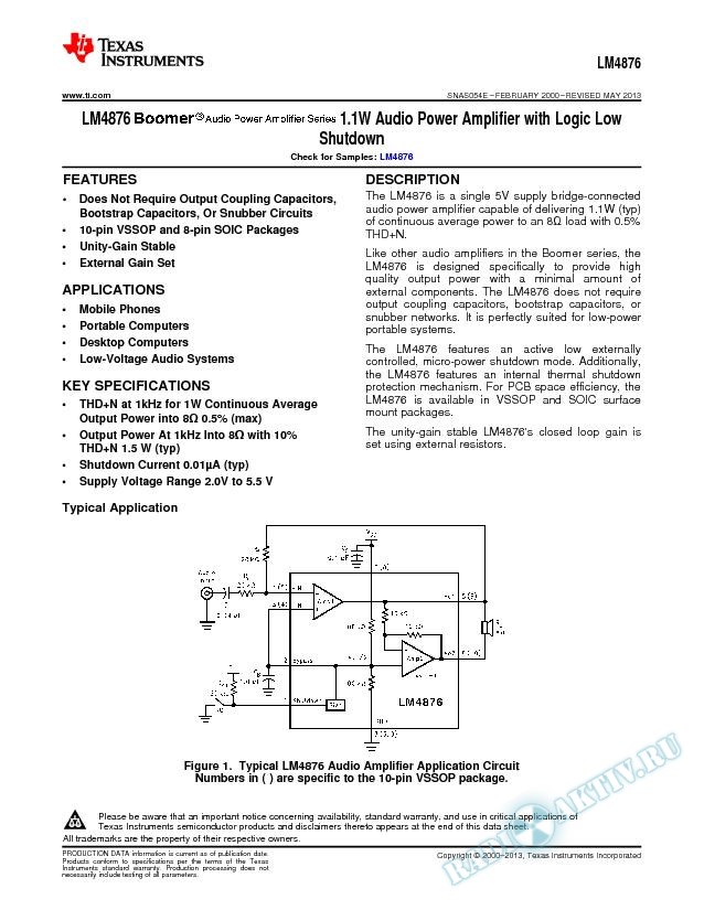 LM4876 1.1W Audio Power Amplifier with Logic Low Shutdown (Rev. E)
