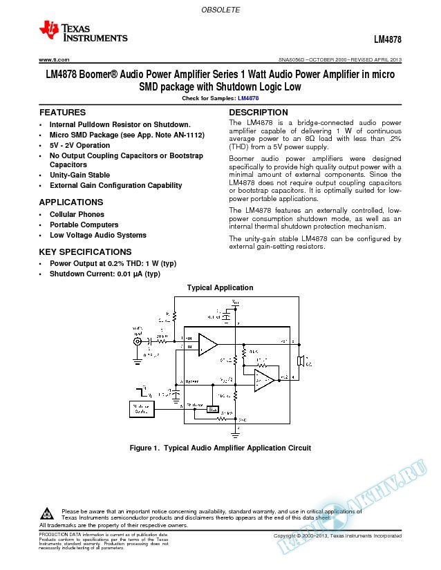 LM4878 Watt Audio Pwr Amp in micro SMD pkg w/Shutdown Logic Low (Rev. D)