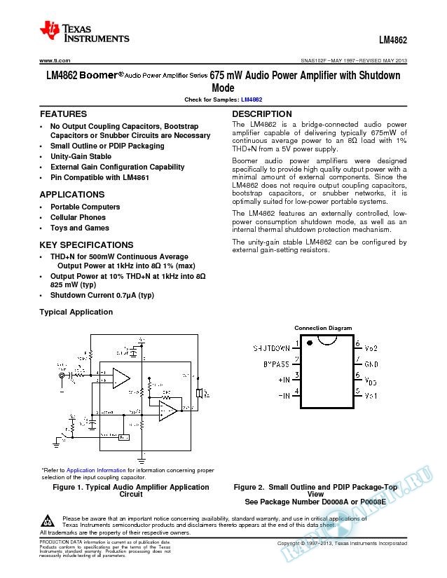 LM4862 675 mW Audio Power Amplifier with Shutdown Mode (Rev. F)