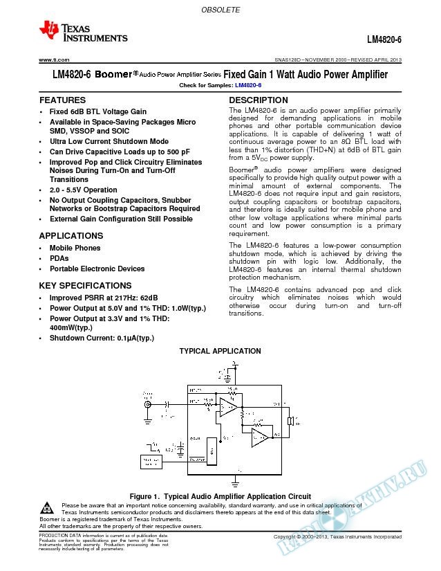 LM4820-6  Fixed Gain 1 Watt Audio Power Amplifier (Rev. D)