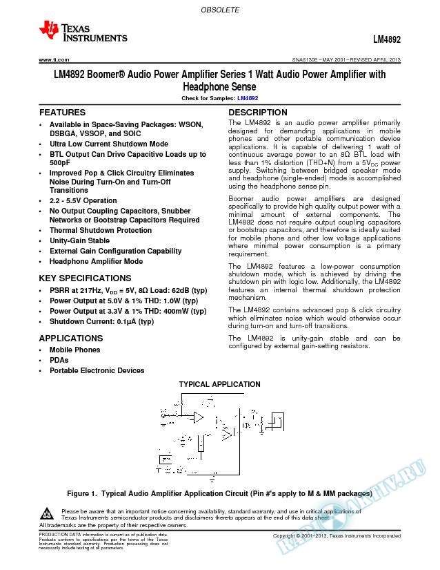 LM4892 1 Watt Audio Power Amplifier with Headphone Sense (Rev. E)