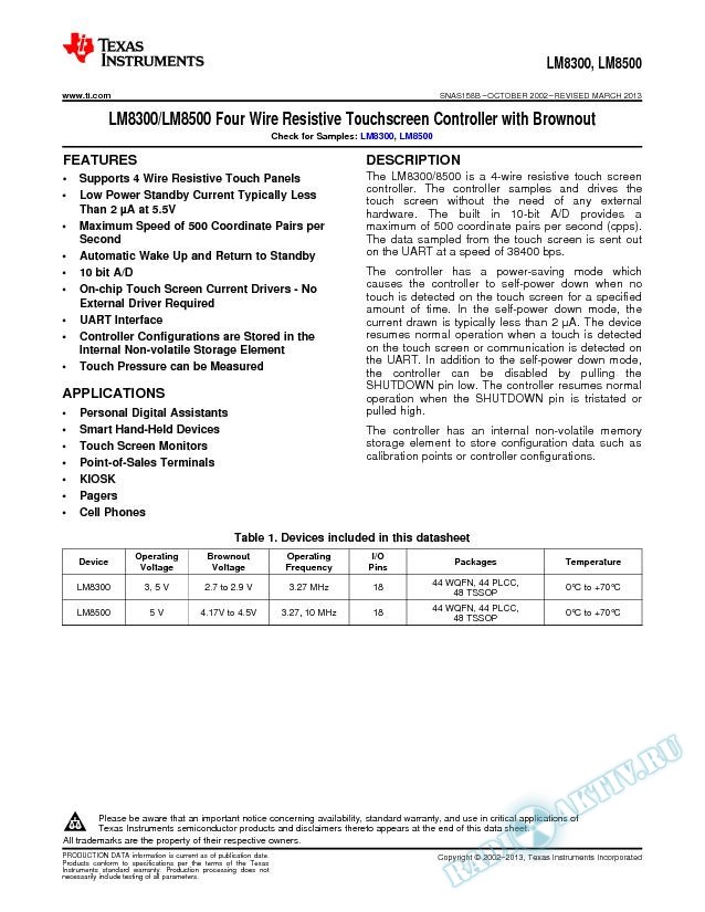LM8300/LM8500 Four Wire Resistive Touchscreen Controller with Brownout (Rev. B)