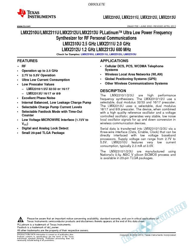 PLLatinum Ultra Low Power Freq Synthr for RF Personal Communications (Rev. E)