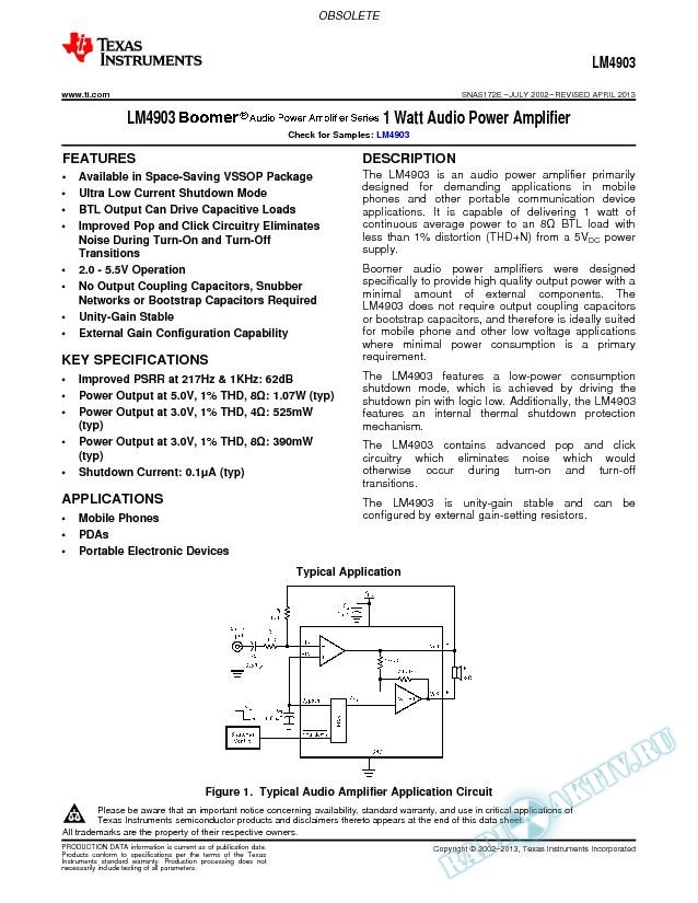 LM4903  1 Watt Audio Power Amplifier (Rev. E)