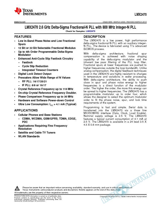 LMX2470 2.6 GHz Delta-Sigma Fractional-N PLL with 800 MHz Integer-N PLL (Rev. B)