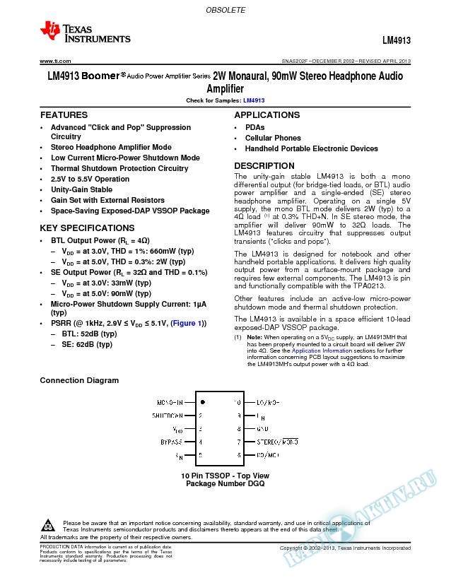 LM4913  2W Monaural, 90mW Stereo Headphone Audio Amplifier (Rev. F)