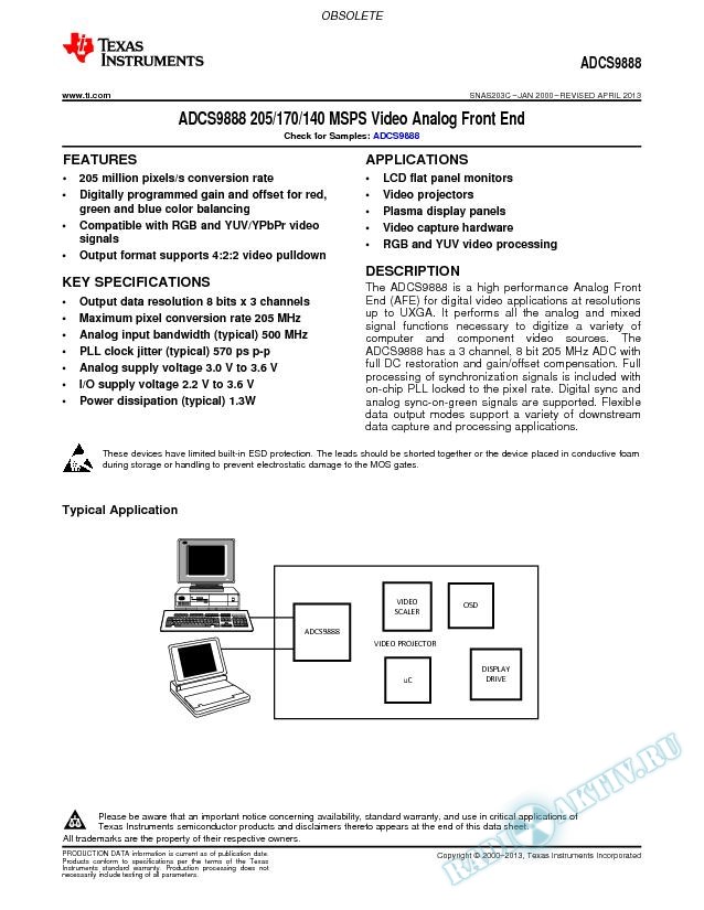 ADCS9888 205/170/140 MSPS Video Analog Front End (Rev. C)
